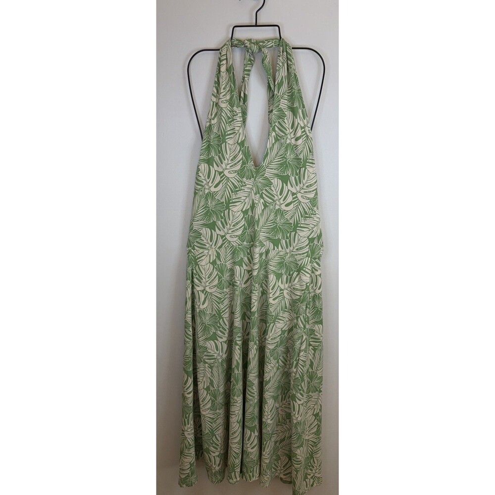 PACT Green Palm Leaf Halter Dress XL Organic Cotton Tie Neck Midi Tropical Beach